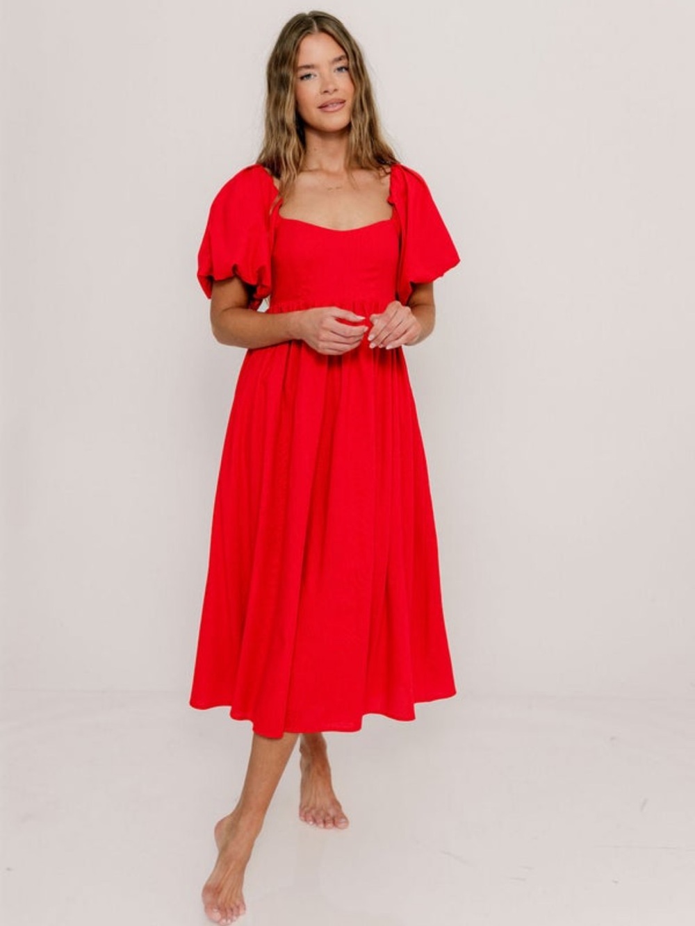 Worth Collective Hamilton Red Puff-Sleeve Midi Dress